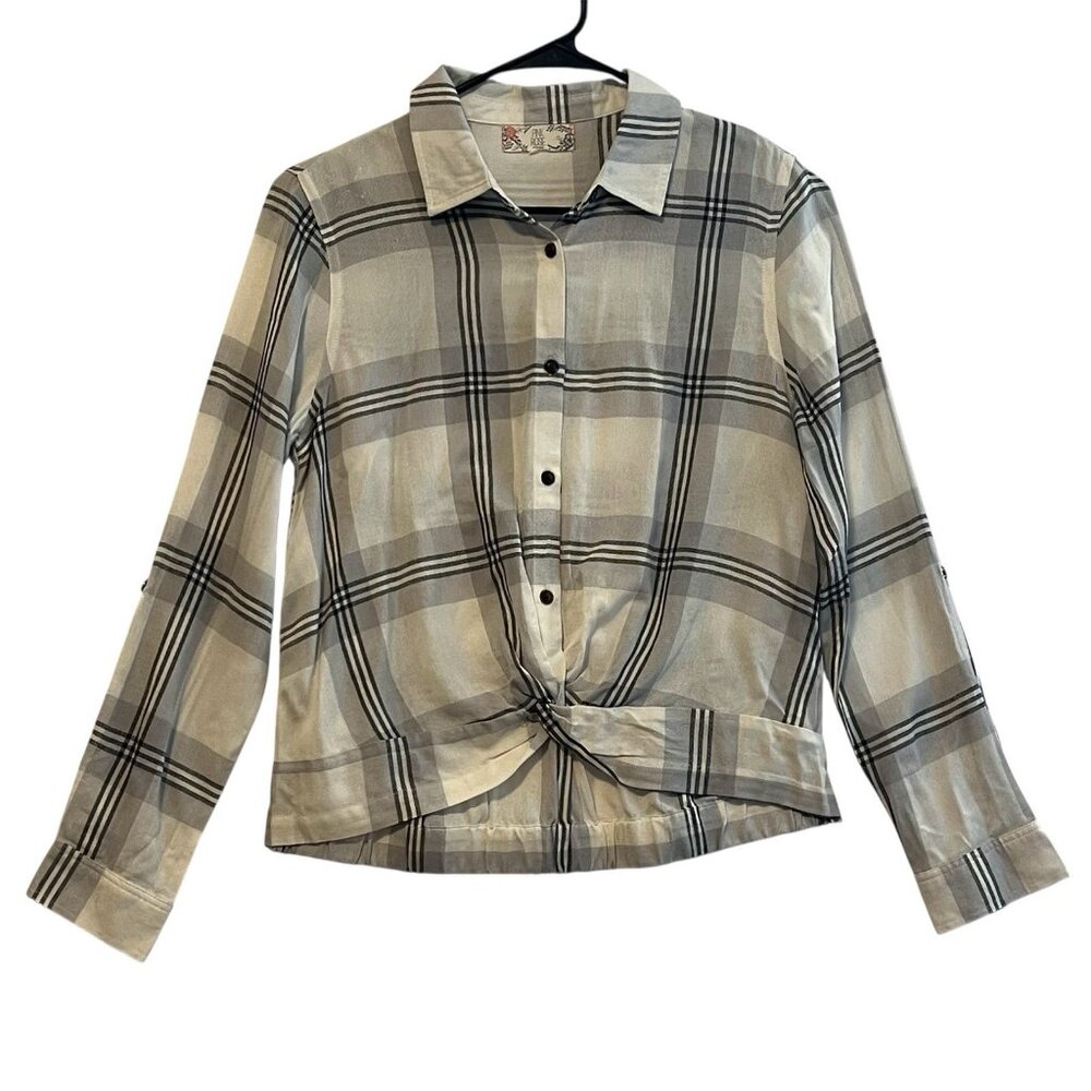Pink Rose Vintage Women’s Top Plaid Button Front Medium Gray Blouse Long Sleeves - Picture 12 of 12